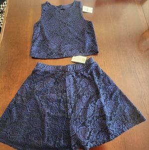 Zunie Big Girl Navy 2pc Floral Lace Skirt Set